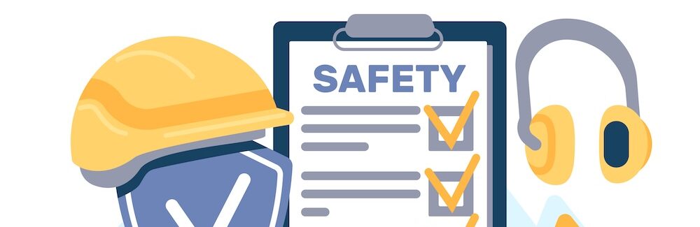 Occupational safety. Health and environmental protection. Protective helmet and glasses. Yellow gloves and headset. Labor safe. Industrial rules list. Security shield. Vector concept