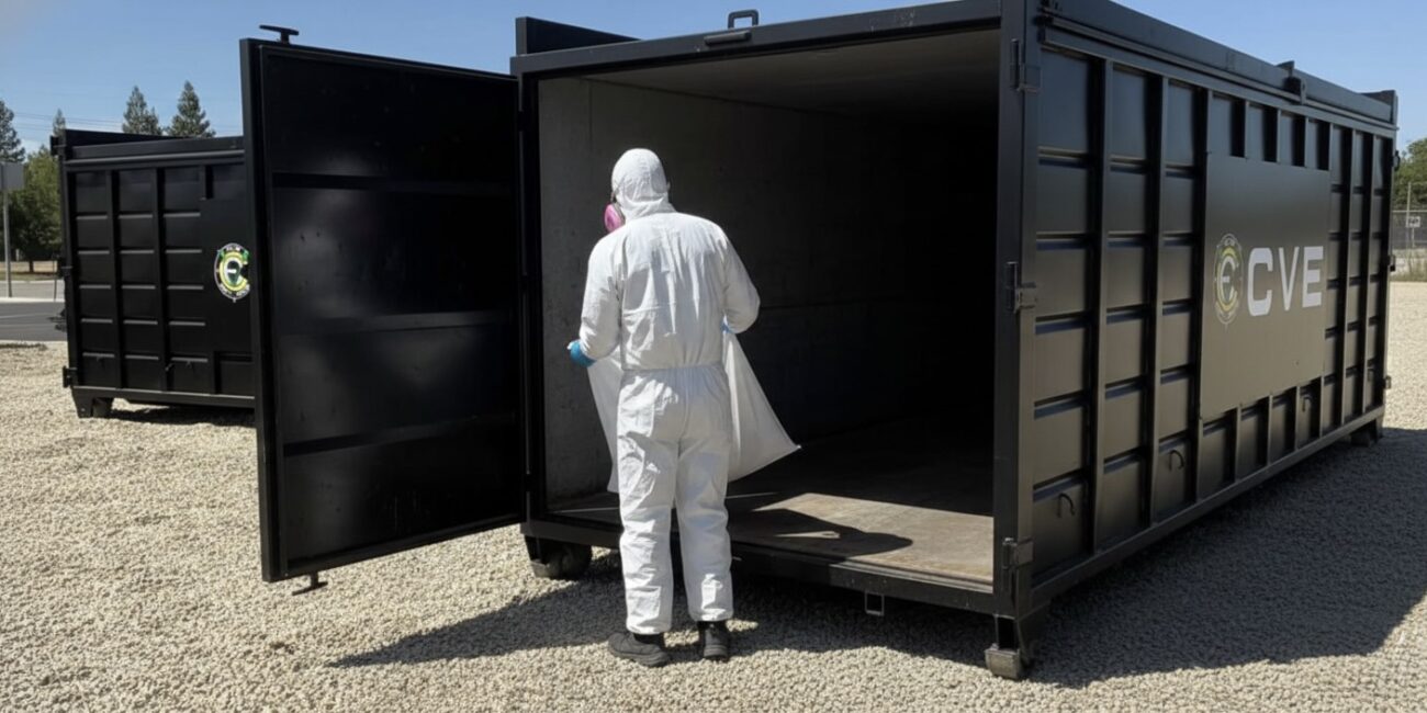 cve worker trowing out asbestos in a cve branded dumpster